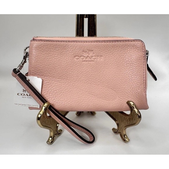 Coach‎ New York Blush Pink Double Corner Zip Pebbled Women's Wristlet Wallet New - Picture 1 of 13